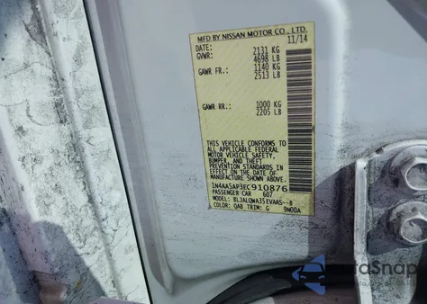 2014 Nissan Maxima 3.5 S z USA, uszkodzony, nr VIN 1N4AA5AP3EC910876